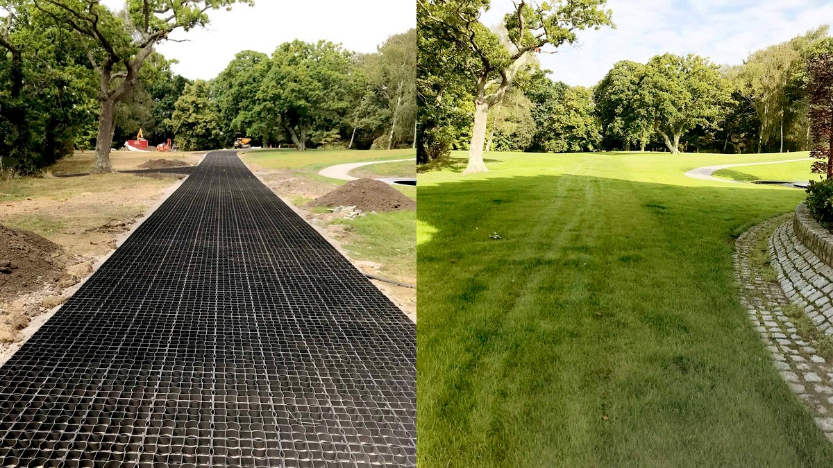 Before and after comparison of an EcoGrid grass pathway installation in a landscaped park