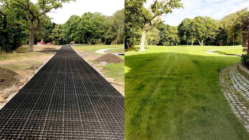 Before and after comparison of an EcoGrid grass pathway showing the grid installation and the finished grass surface