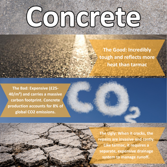 Infographic outlining the advantages and disadvantages of concrete for car parks, including durability, cost, carbon emissions and drainage considerations