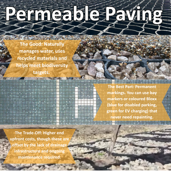 Infographic explaining the benefits and considerations of permeable paving for car parks and driveways