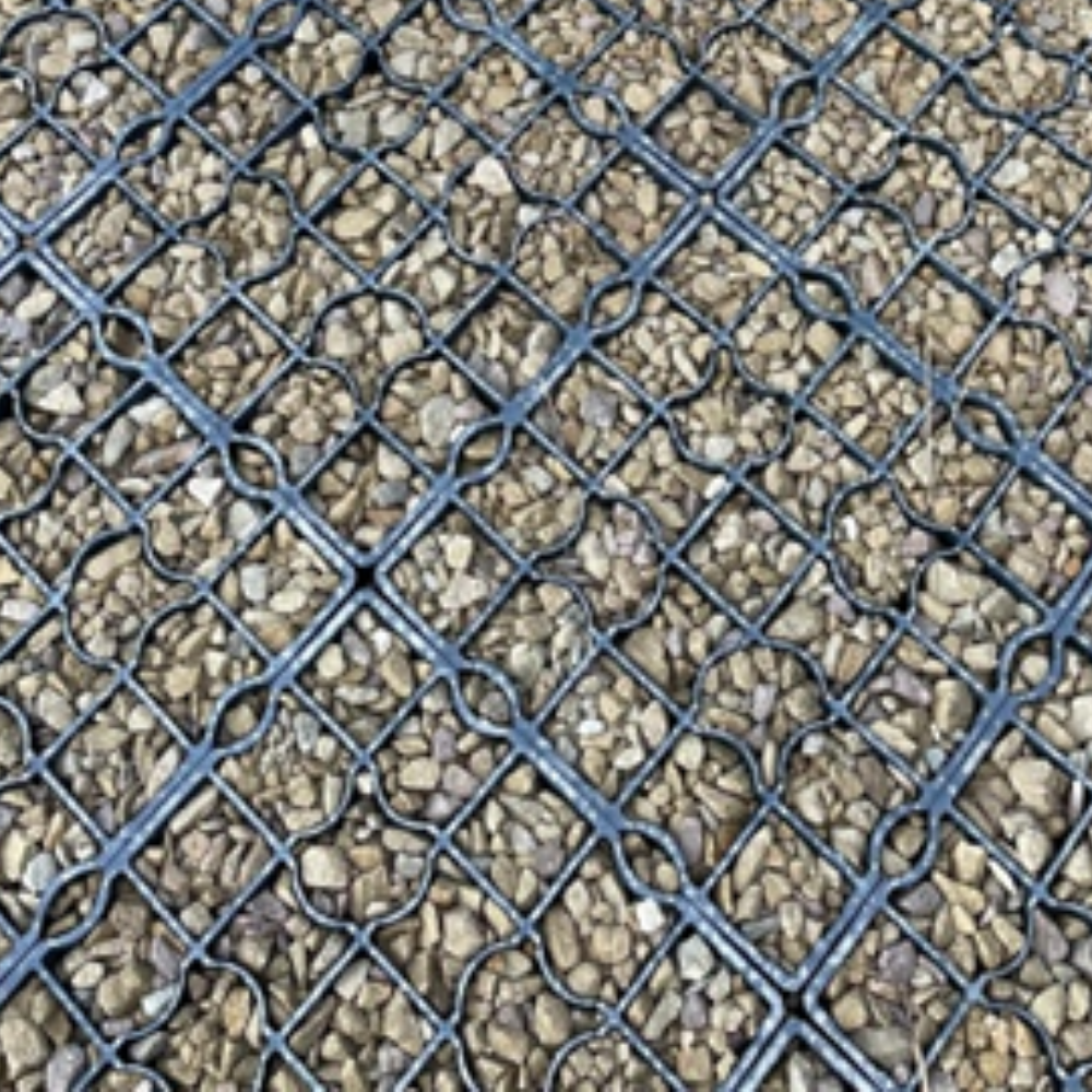 Close-up of EcoGrid permeable paving cells filled with gravel