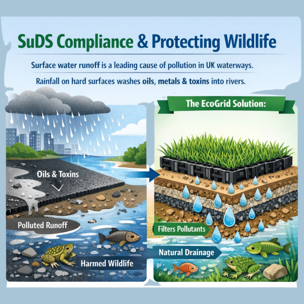 Infographic showing how EcoGrid permeable paving supports SuDS compliance by filtering pollutants, reducing surface water runoff and protecting wildlife through natural drainage