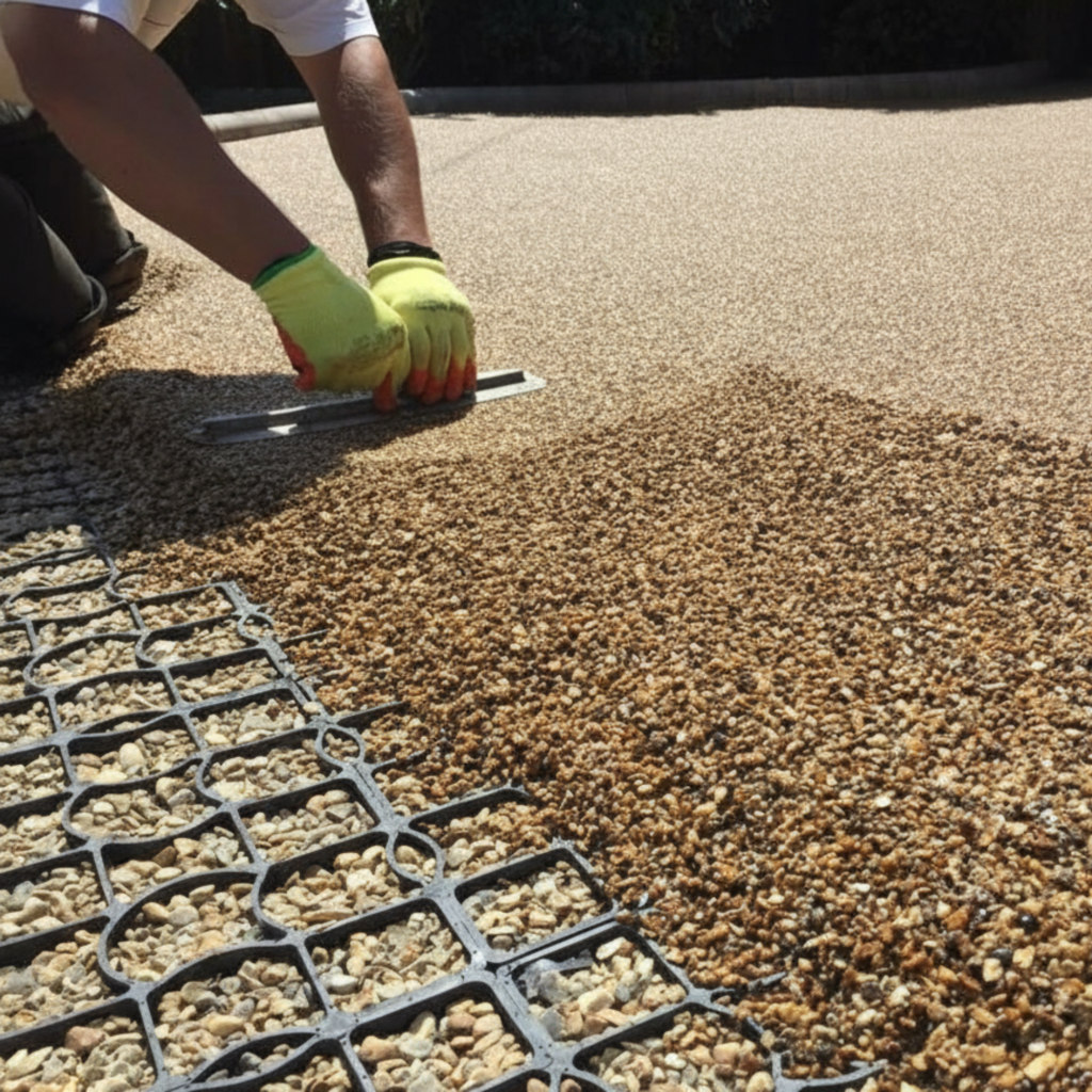 Installer spreading aggregate over an EcoGrid ground reinforcement grid during driveway installation