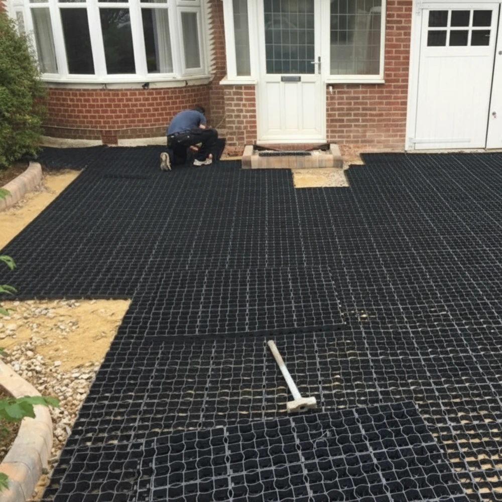 Installer laying EcoGrid ground reinforcement grids for a permeable residential driveway