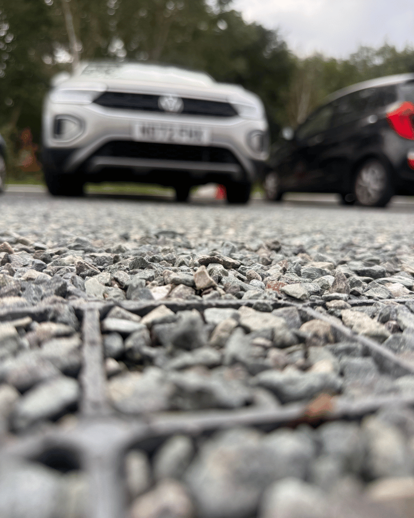 Gravel grids installed and in use by parked cars